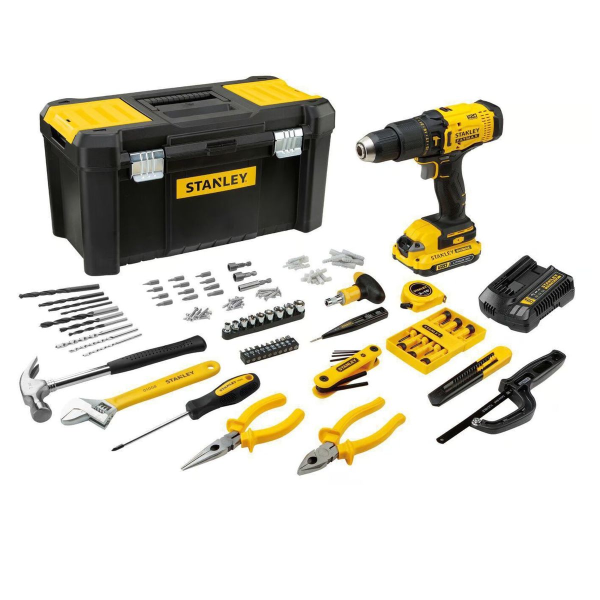 STANLEY - Kit Taladro Percutor Atornillador 20V + Caja de Herramientas 119Pz