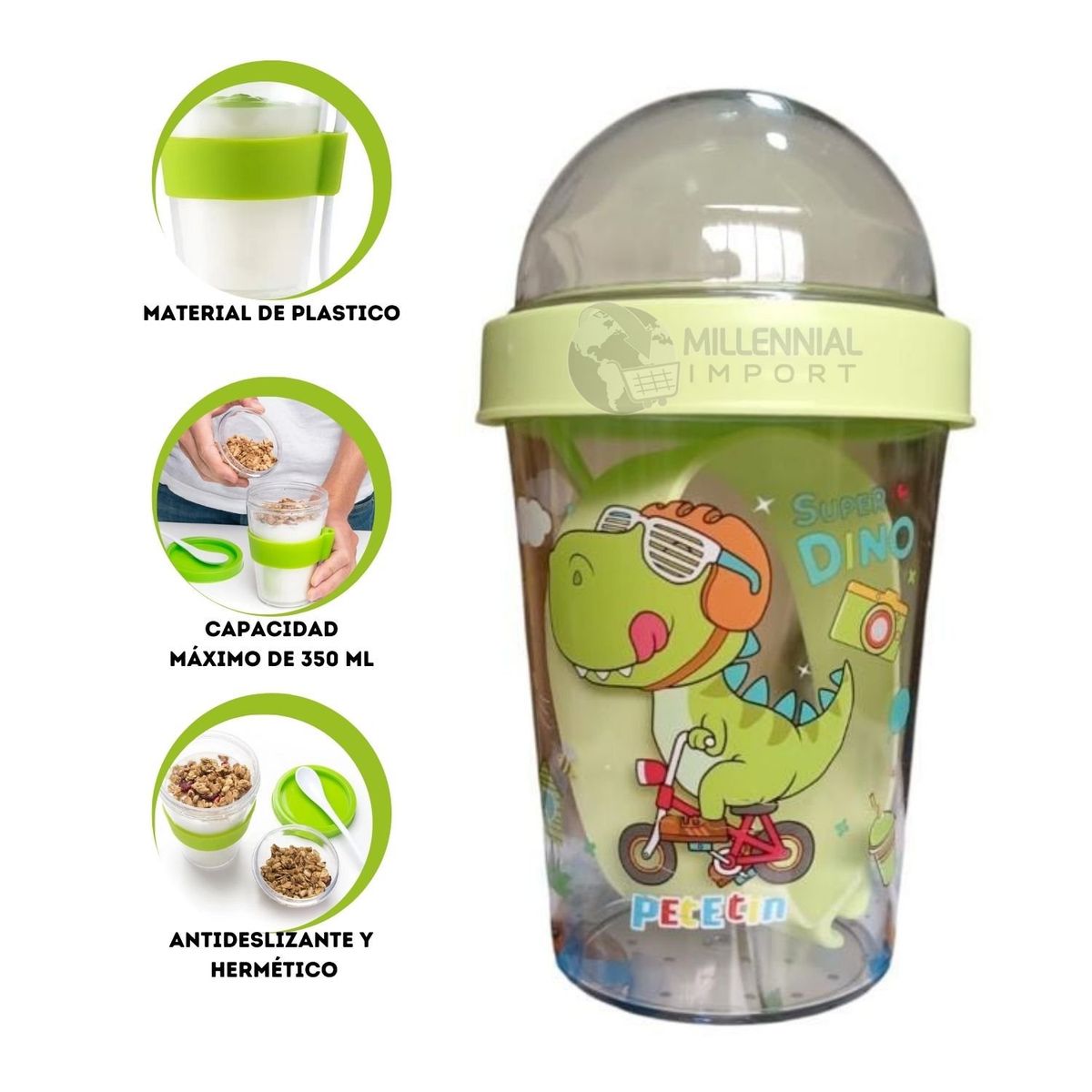 GENERICO - Vaso Yogurtera de 450ml incluye Cuchara Modelo Dino para Niño