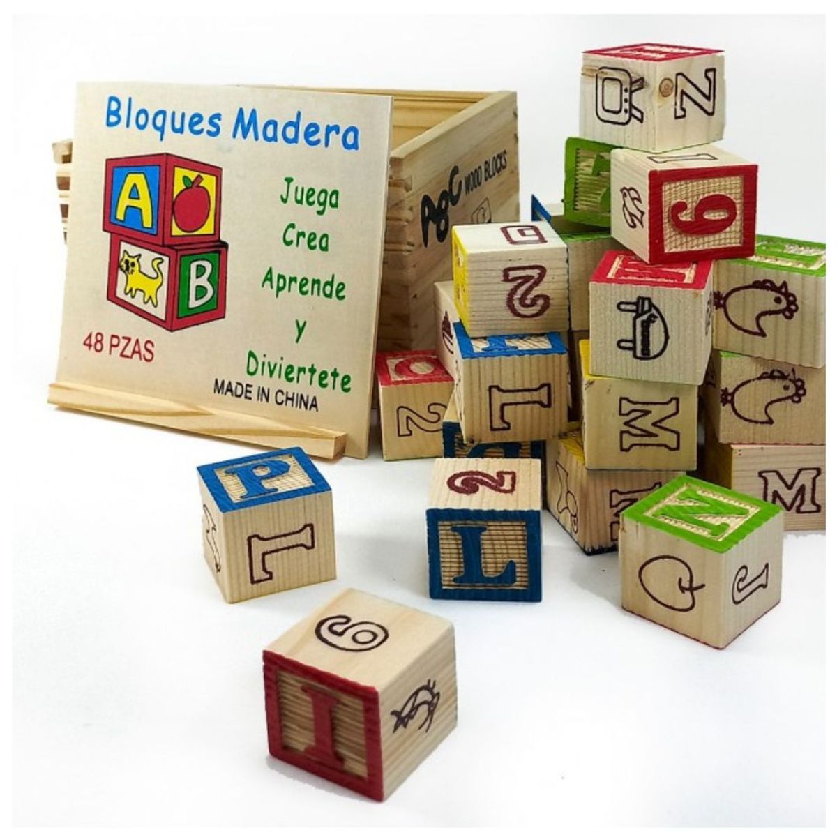 GENERICO - Caja con Abecedario Cubos Didácticos de Madera 48Pzs