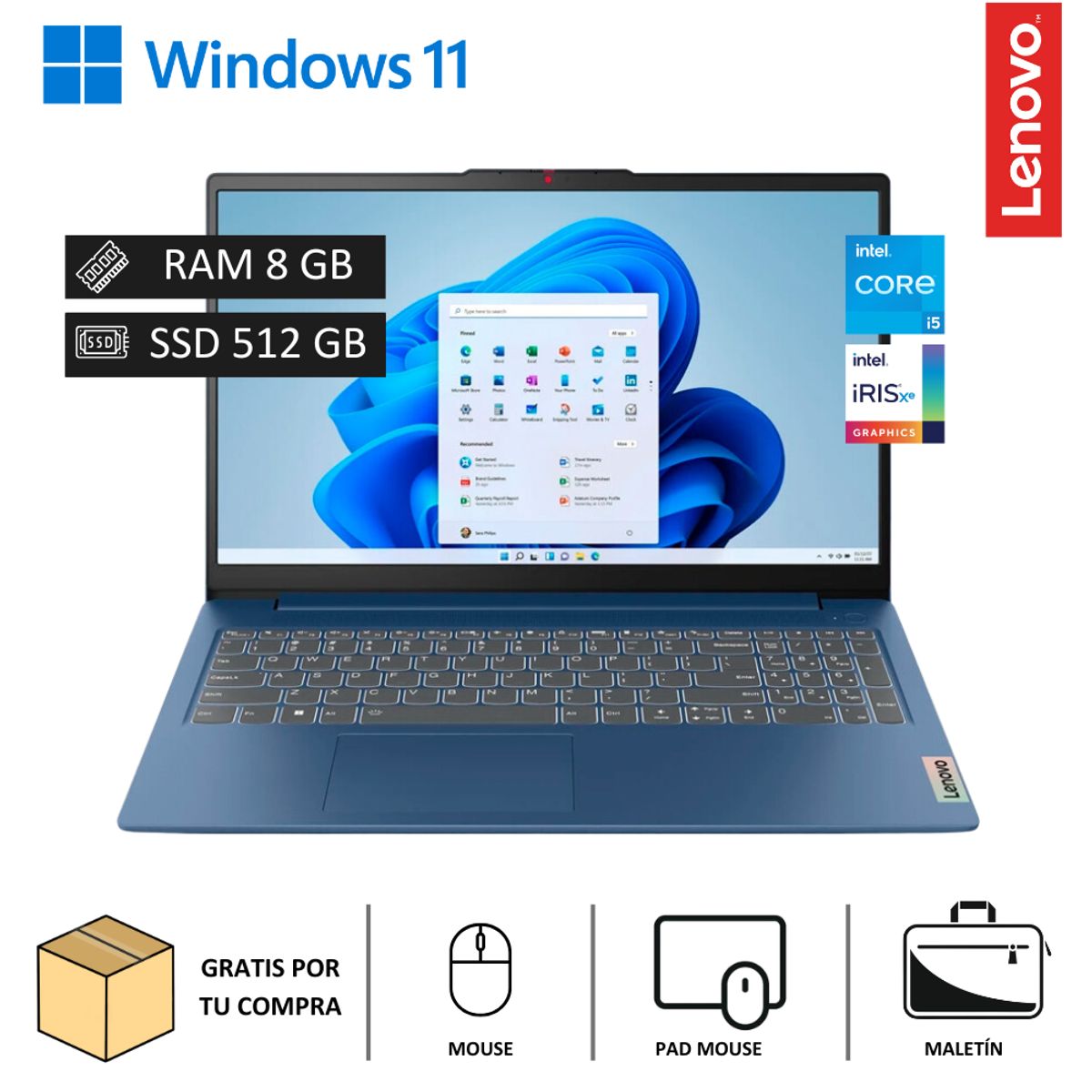 LENOVO - Laptop Lenovo IdeaPad Slim 3 15.6" FHD Core i5-12450H 4.4GHz, 8GB RAM DDR5-4800 - 512GB SSD M.2
