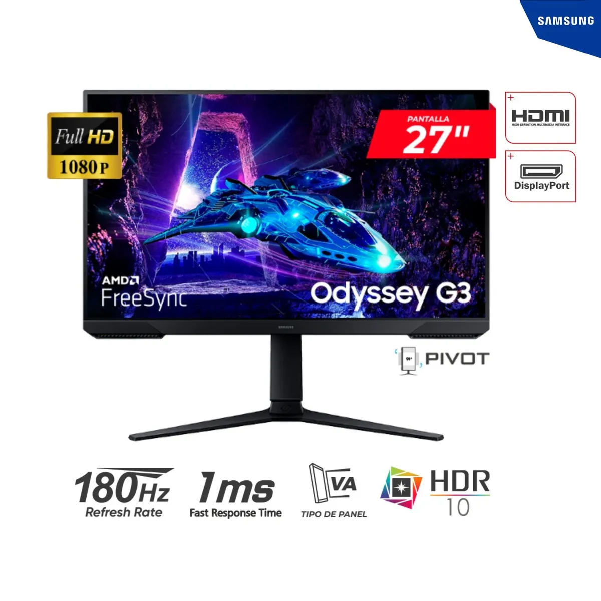 SAMSUNG - MONITOR SAMSUNG 27 Odyssey G3 180HZ 1MS VA FHD 1Hdmi 1DP PIVOTE