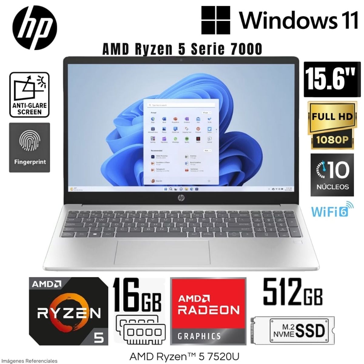 HP - Laptop HP 15-fc0002la AMD Ryzen 5-7520U 16GB LPDDR5 RAM 512GB SSD 15.6" FHD Windows 11 Home