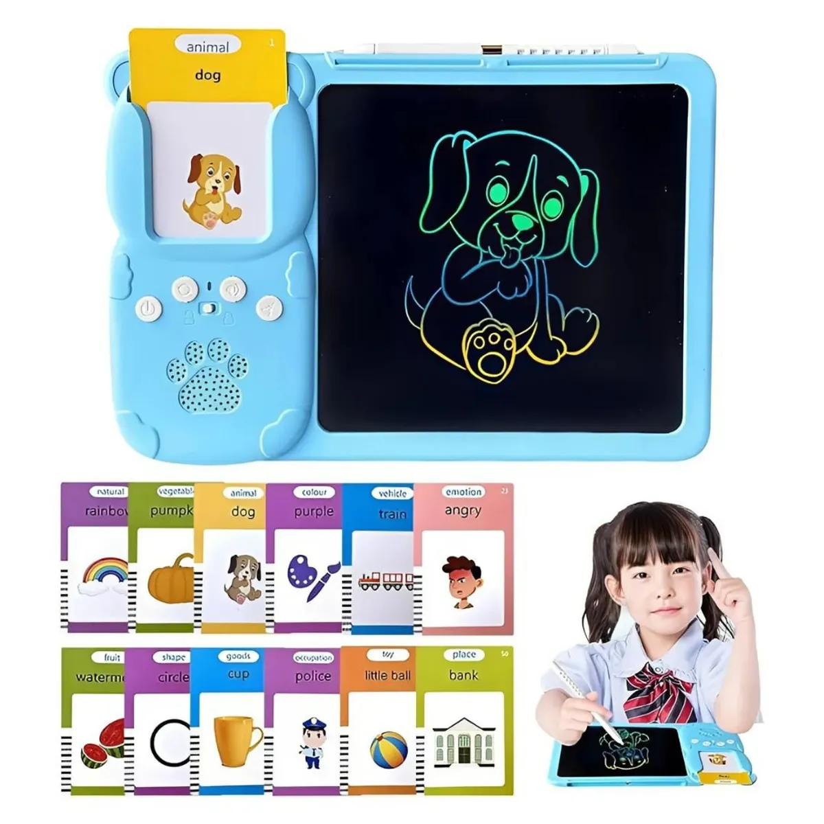 GENERICO - Juego Didáctico 2 en 1: Tableta de Escritura LCD + Lector de Tarjetas Parlantes - Celeste