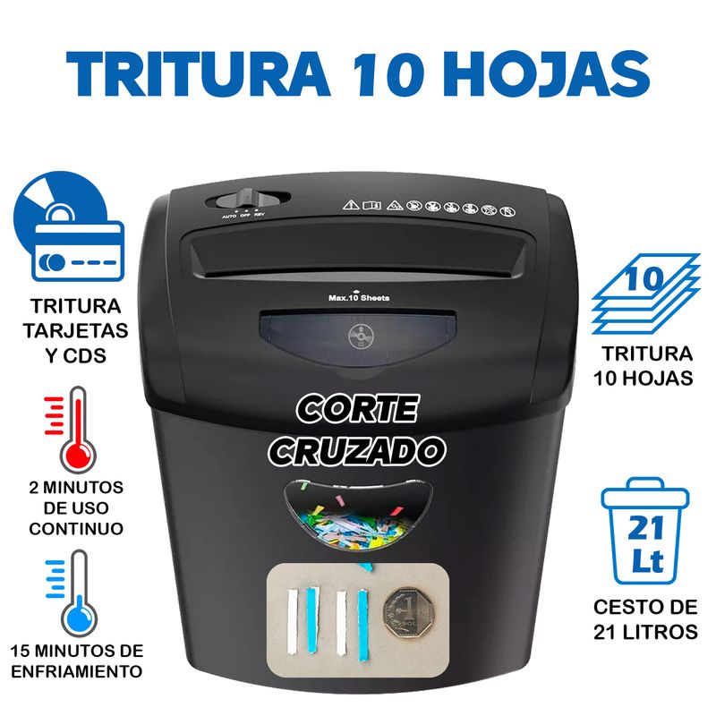 GENERICO - Trituradora de Papel 10 Hojas Corte Cruzado 21 Litros