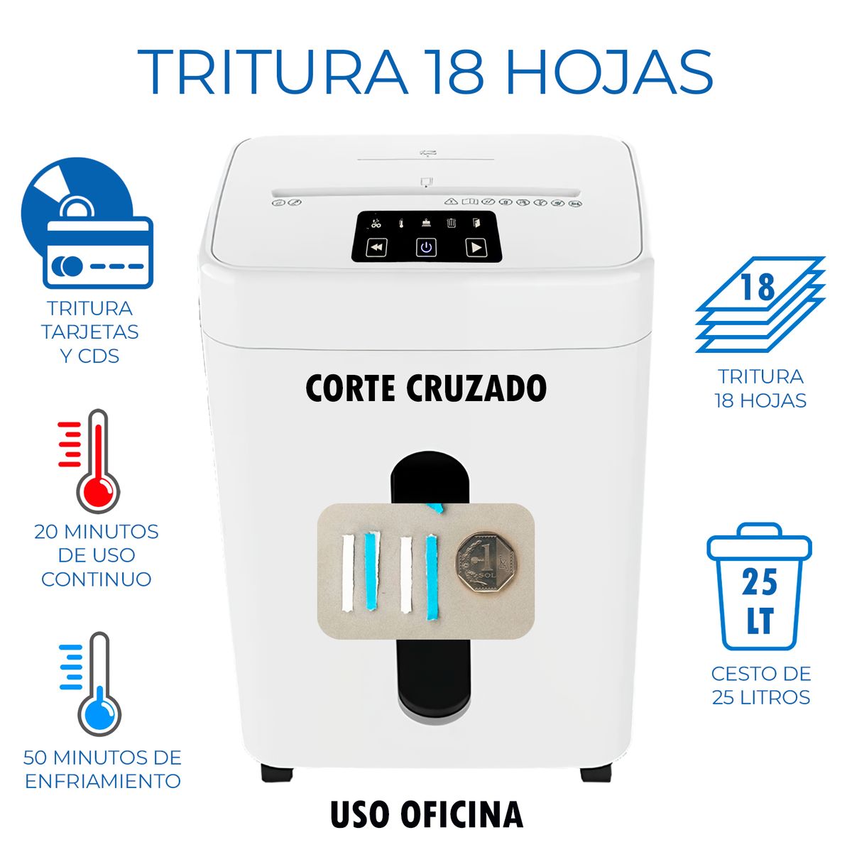 GENERICO - Trituradora de Papel 18 Hojas Corte Cruzado 25 Litros