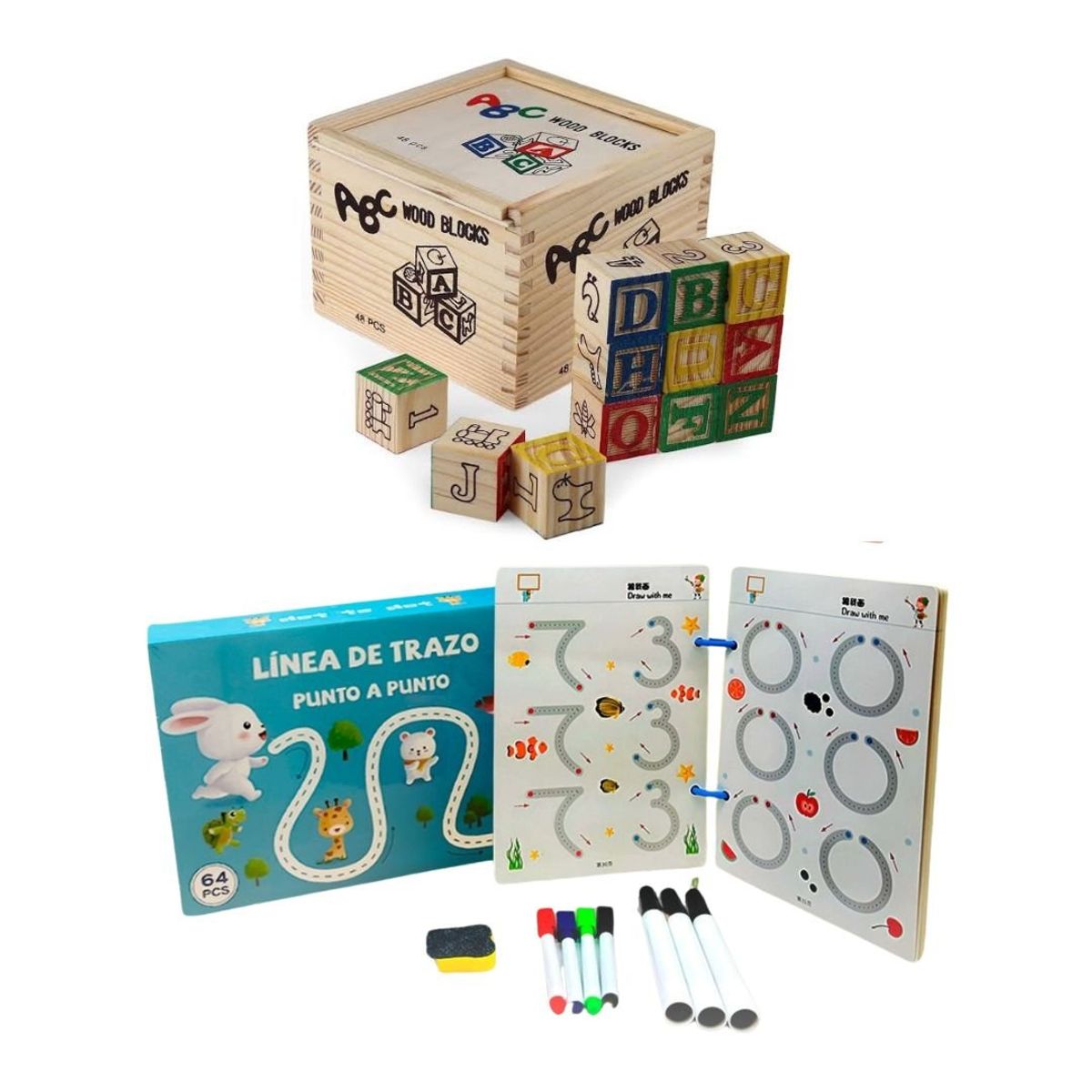 GENERICO - Set Educativo Preescolar Libro de Trazos Mágicos Montessori + Caja 48 Cubos ABC para Niños