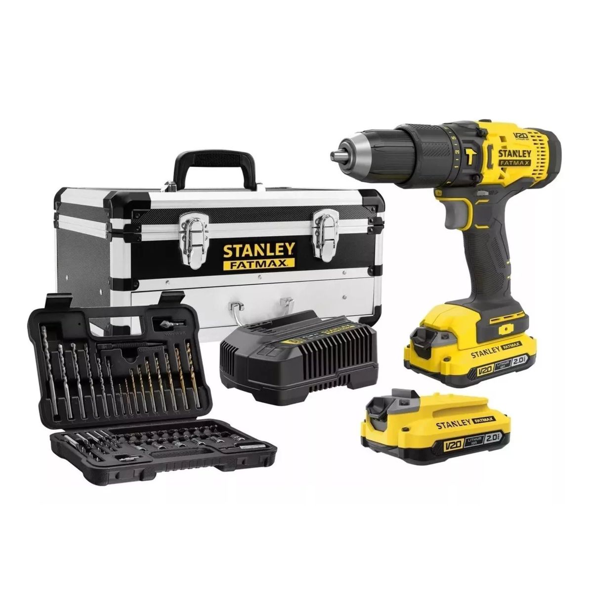 STANLEY - Kit Taladro Percutor 20V, Set 50 pzs, Caja de Herramientas metálica