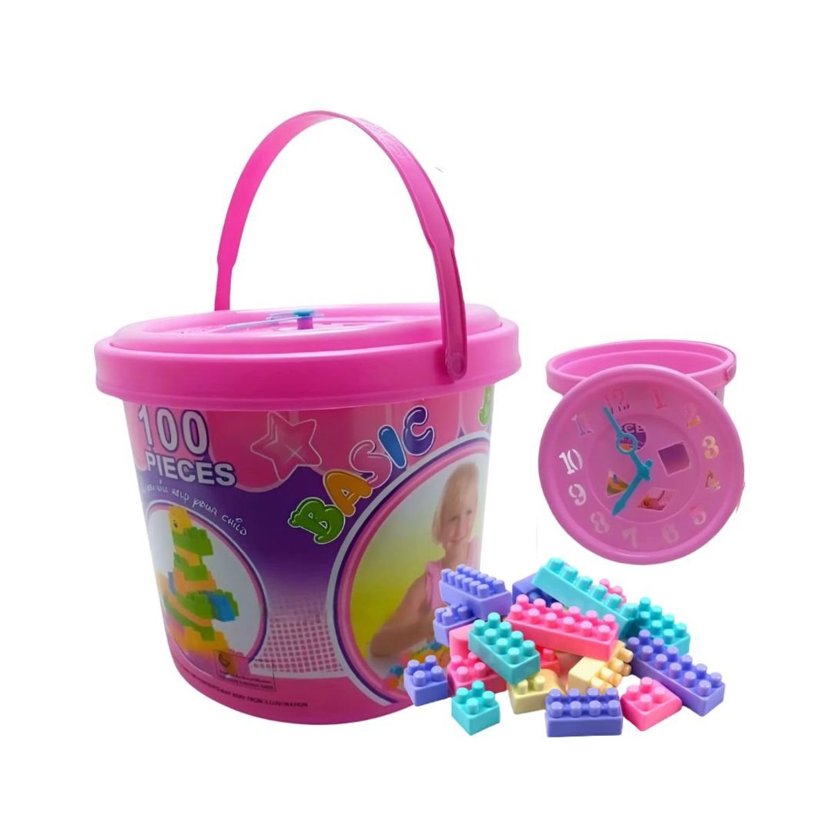 GENERICO - Juego de Bloques Didácticos Balde Rosado de 100 Piezas