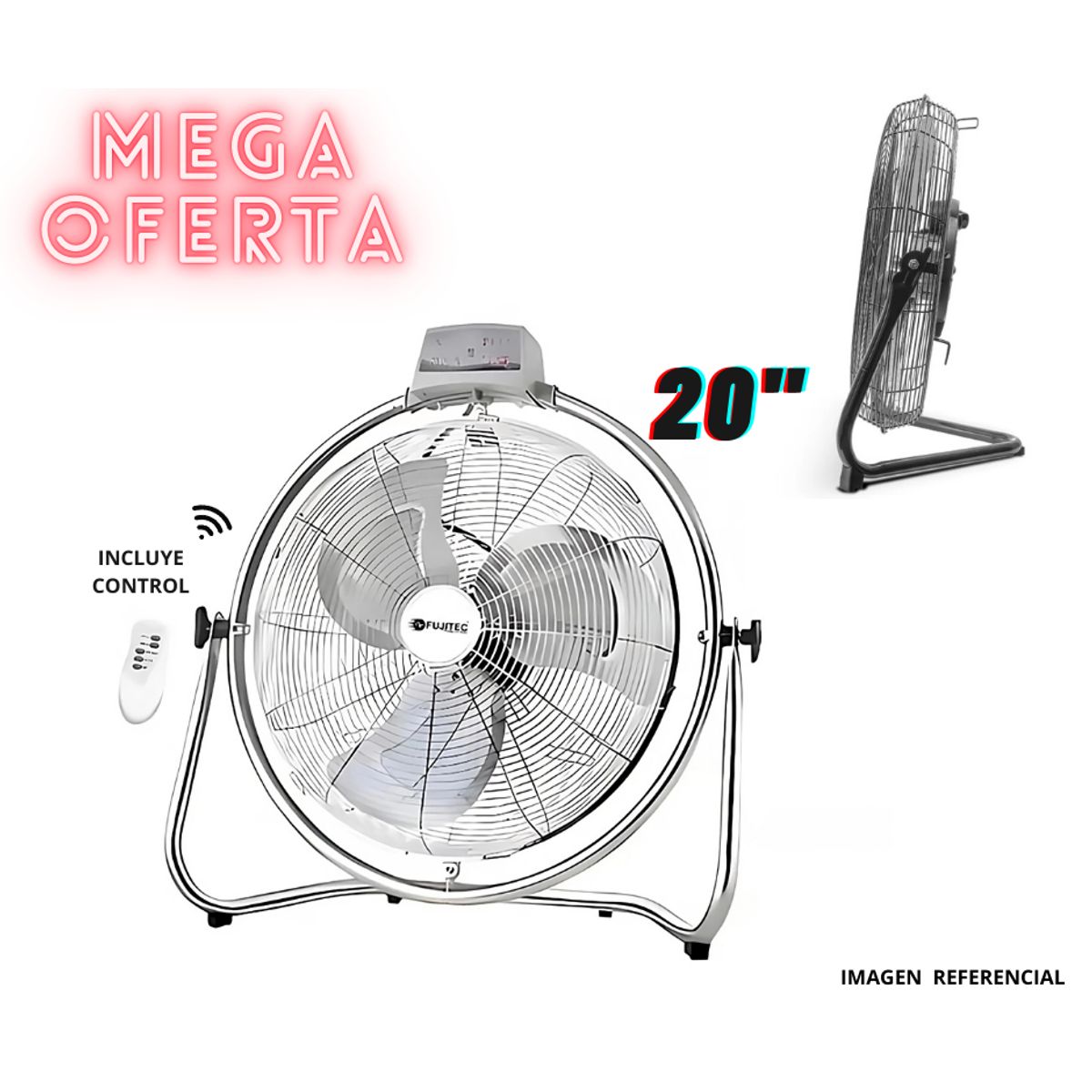FUJITEC - Ventilador de Piso 20 FUJITEC CF-2014 180W de Alta Potencia Giratorio y con Control Remoto