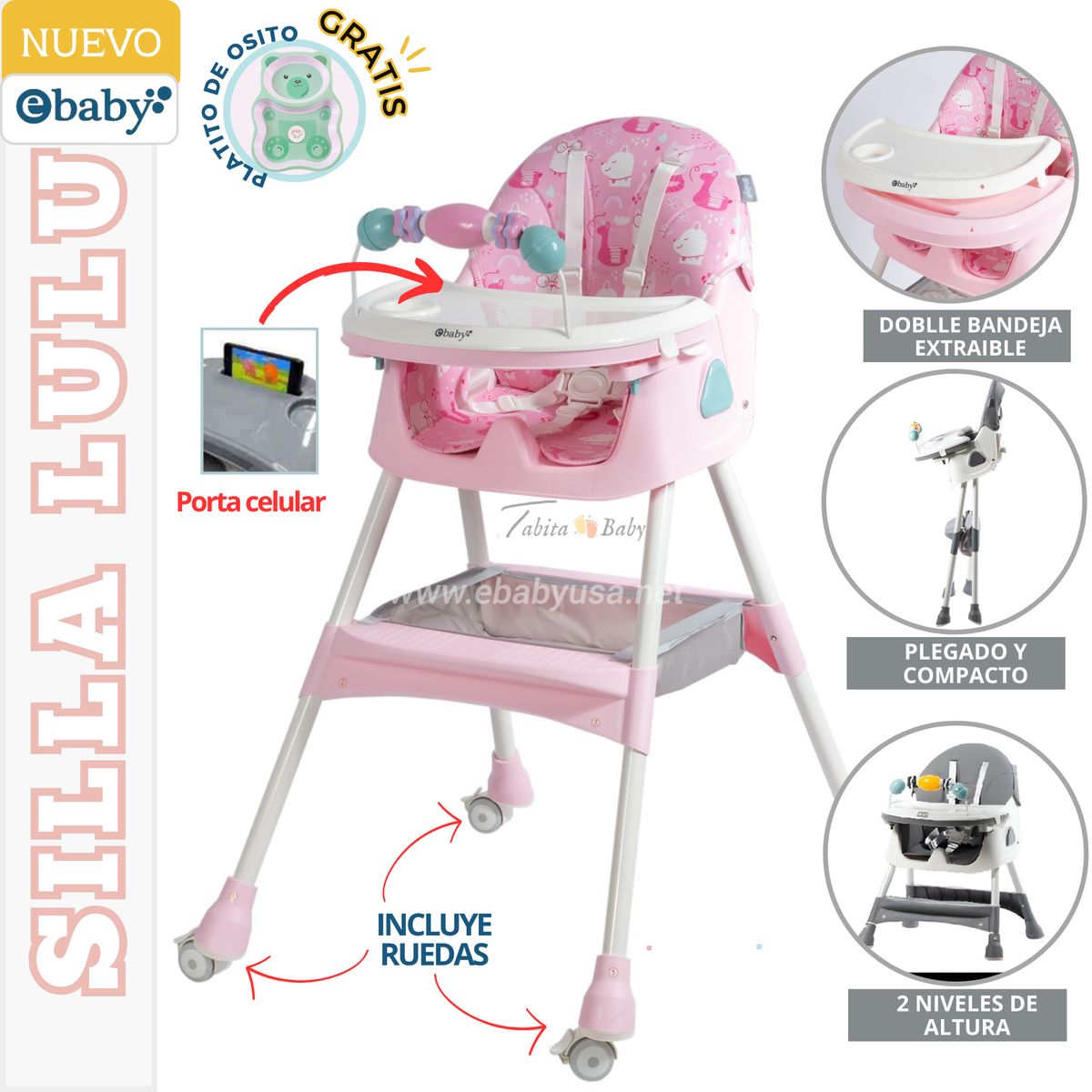 EBABY - SILLA DE COMER PLEGABLE CON RUEDAS LULU ROSADO