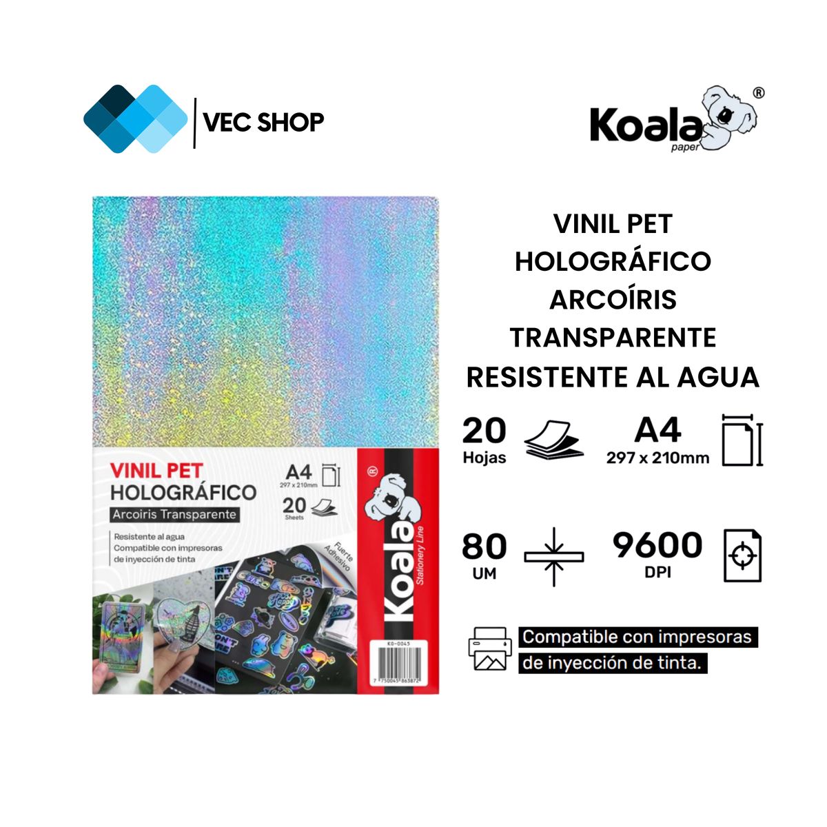 KOALA - Vinil PET Holográfico Arcoíris Transparente A4 20 Hojas