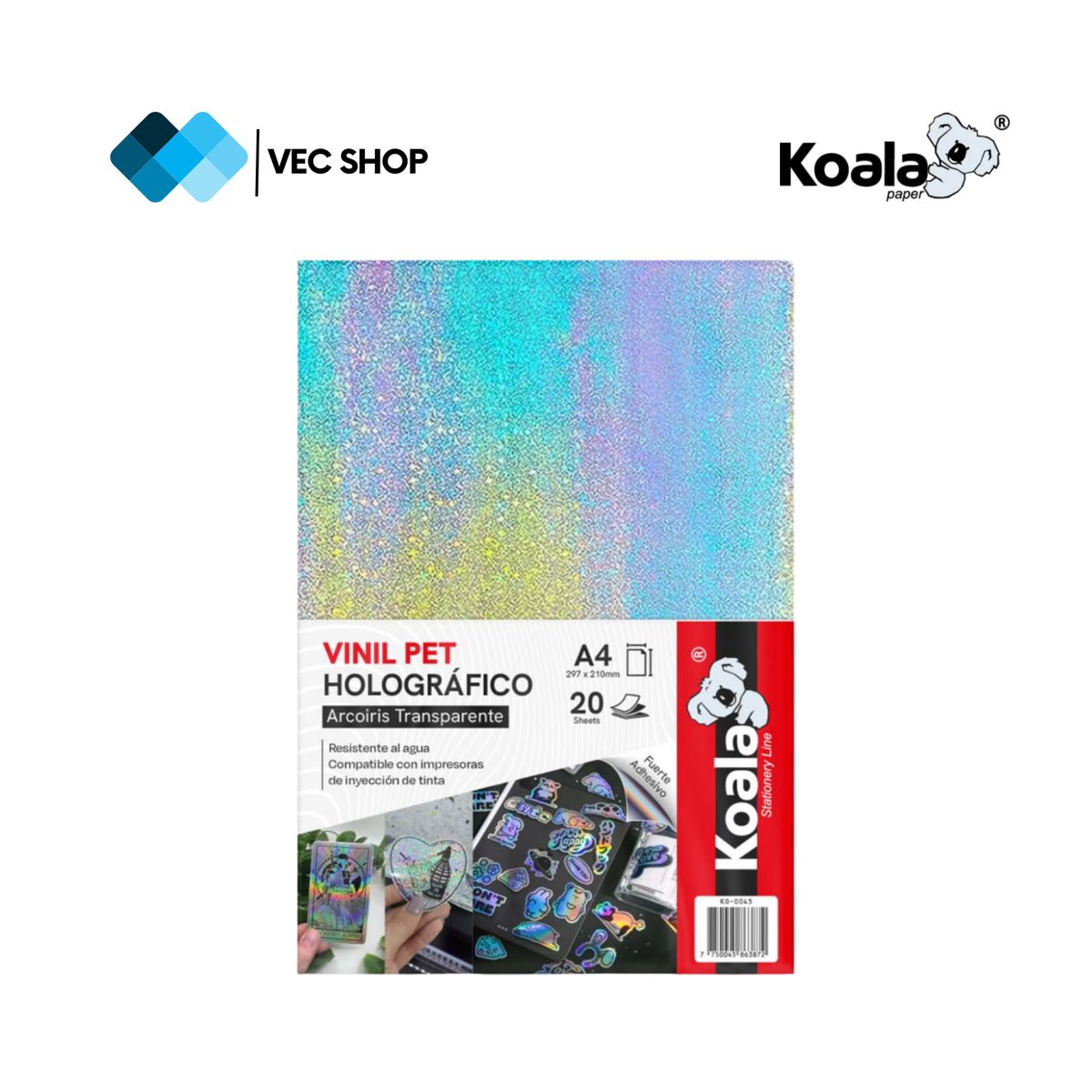 KOALA - Vinil PET Holográfico Arcoíris Transparente A4 20 Hojas