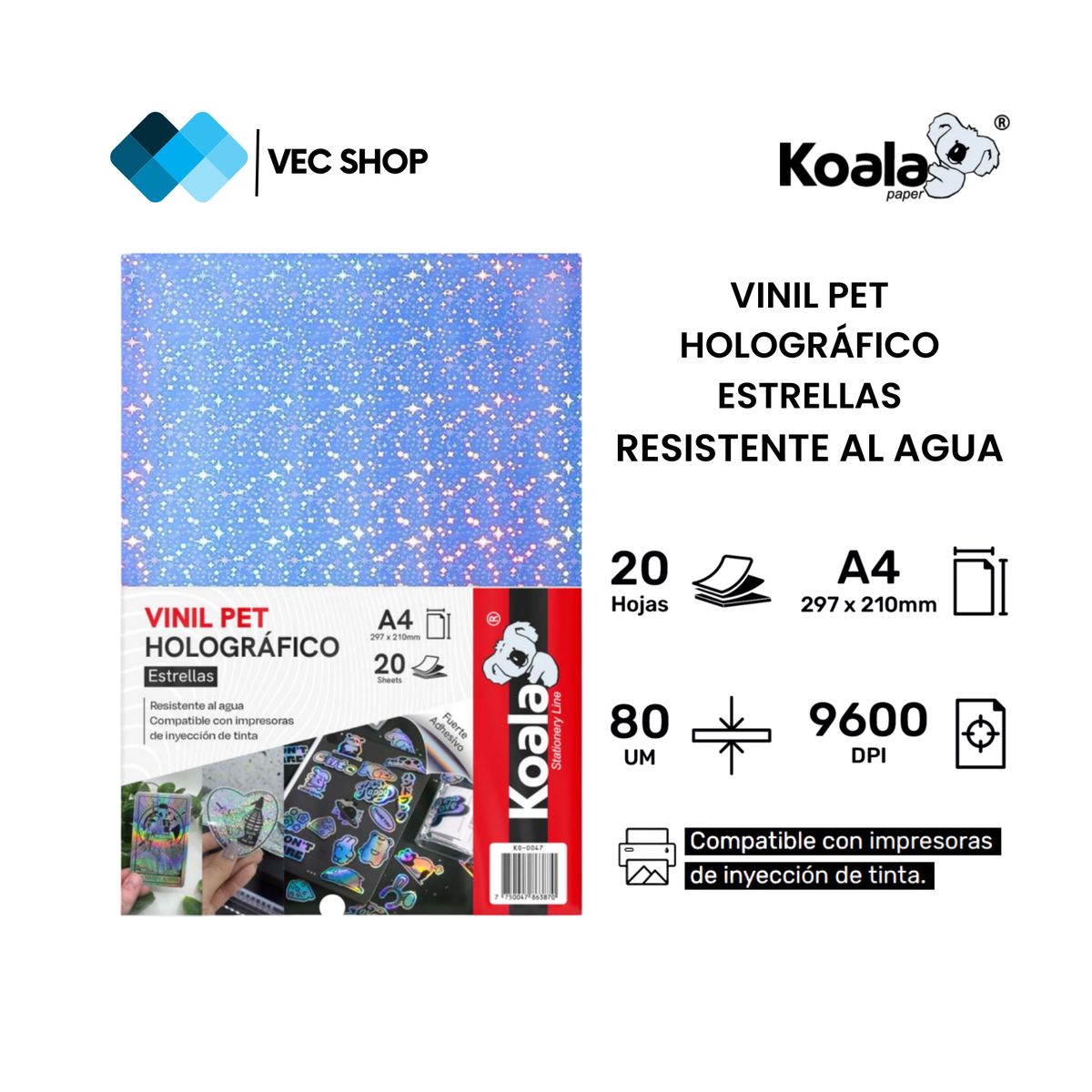 KOALA - Vinil PET Holográfico Estrellas A4 20 Hojas