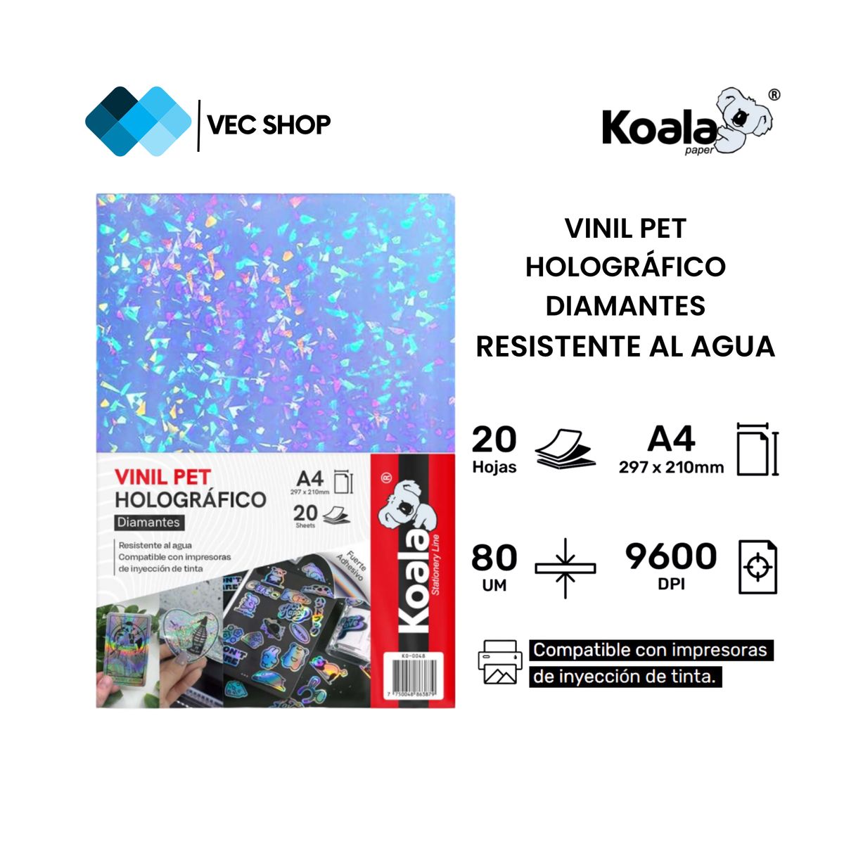 KOALA - Vinil PET Holográfico Diamantes A4 20 Hojas