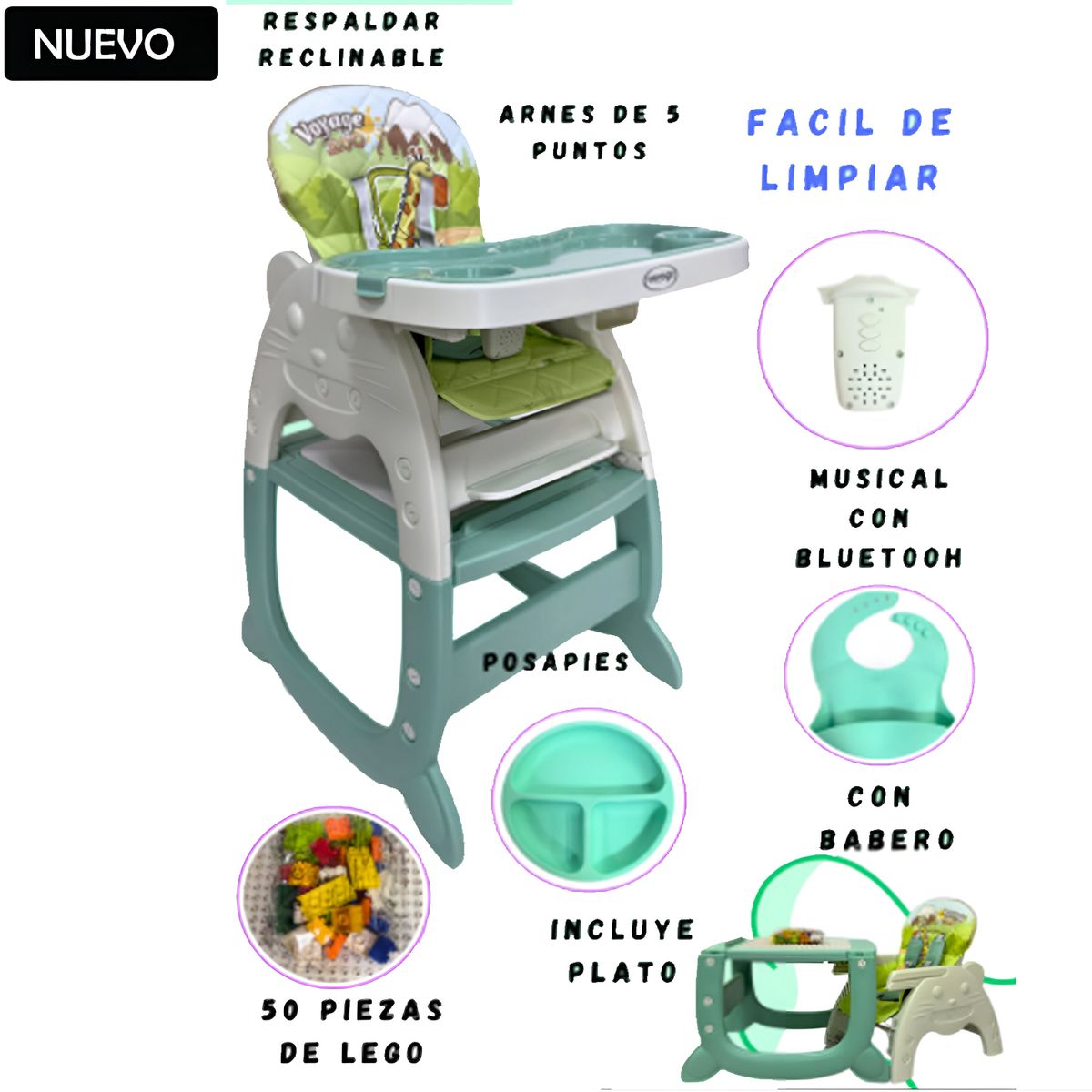 VOYAGE - Silla de Comer Carpeta Gato Musical 3 en 1 Verde