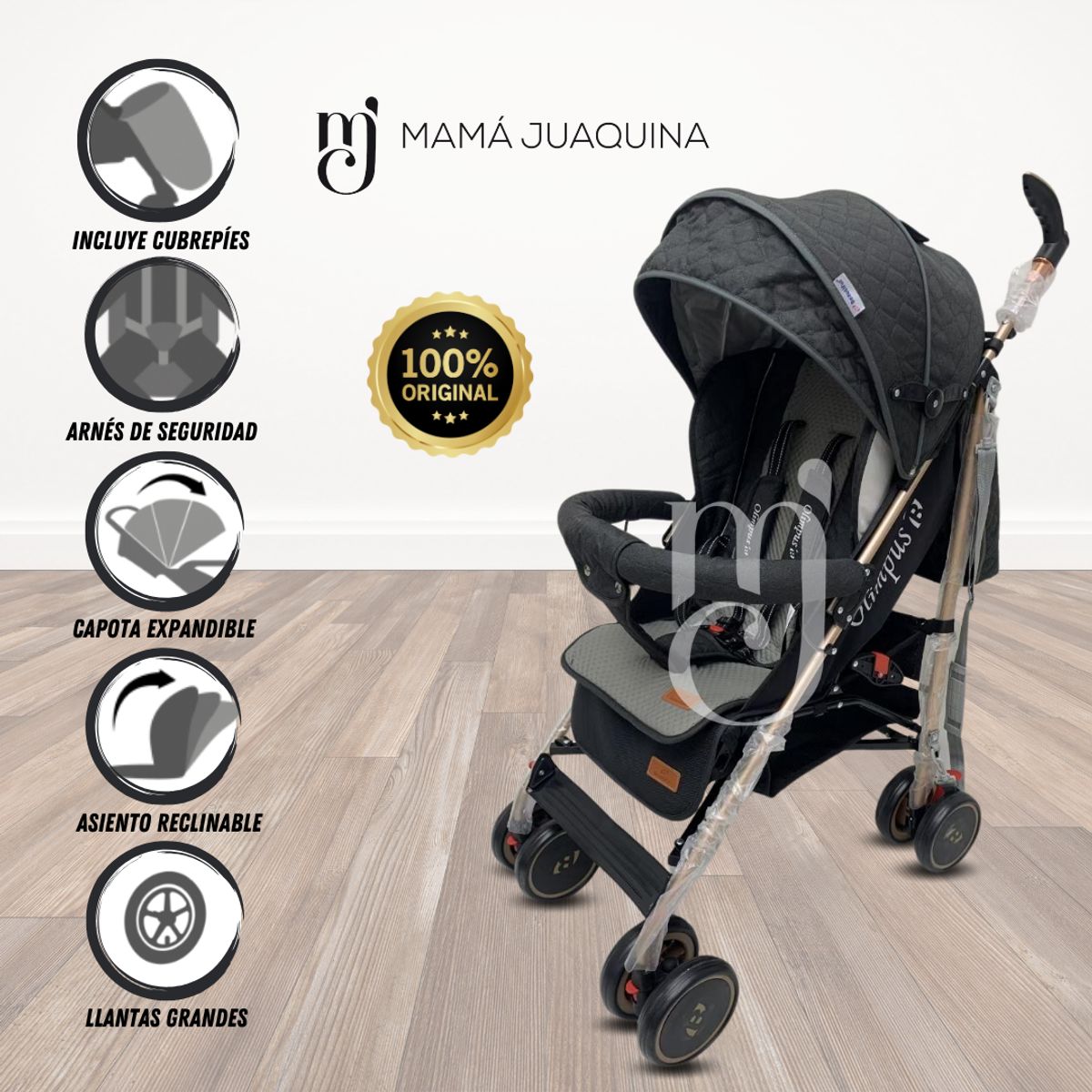 BABY - Coche Bastón de Lujo «OLYMPUS» con Mango Giratorio Black