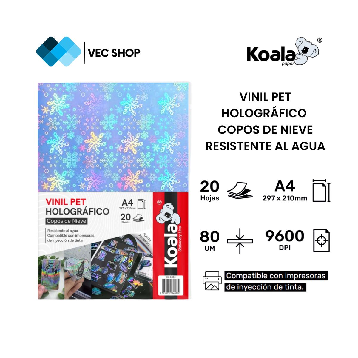 KOALA - Vinil PET Holográfico Copos De Nieve A4 20 Hojas
