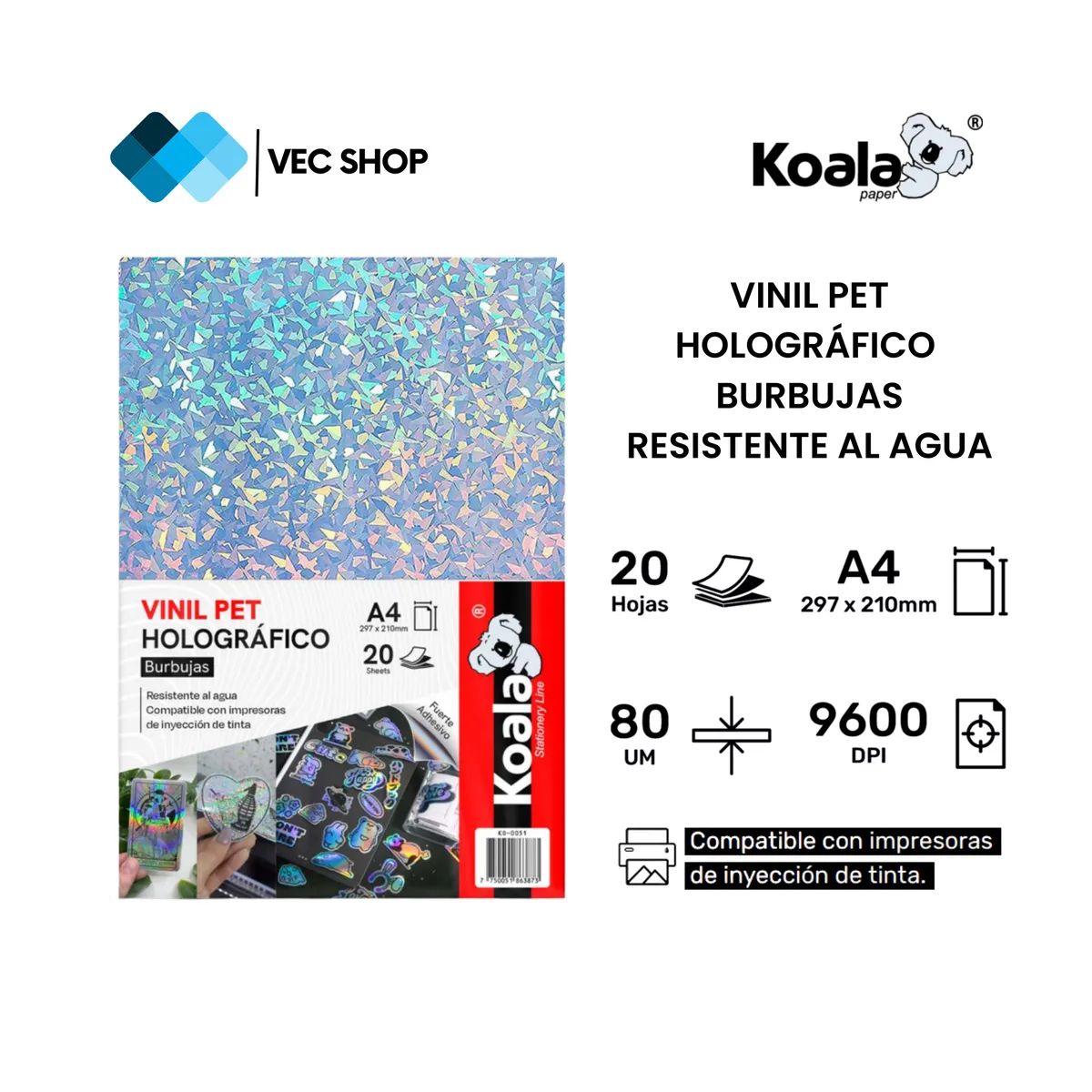 KOALA - Vinil PET Holográfico Burbujas A4 20 Hojas