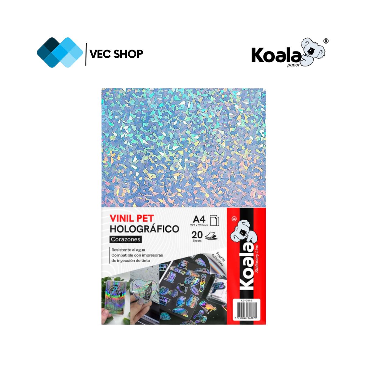 KOALA - Vinil PET Holográfico Corazones A4 20 Hojas