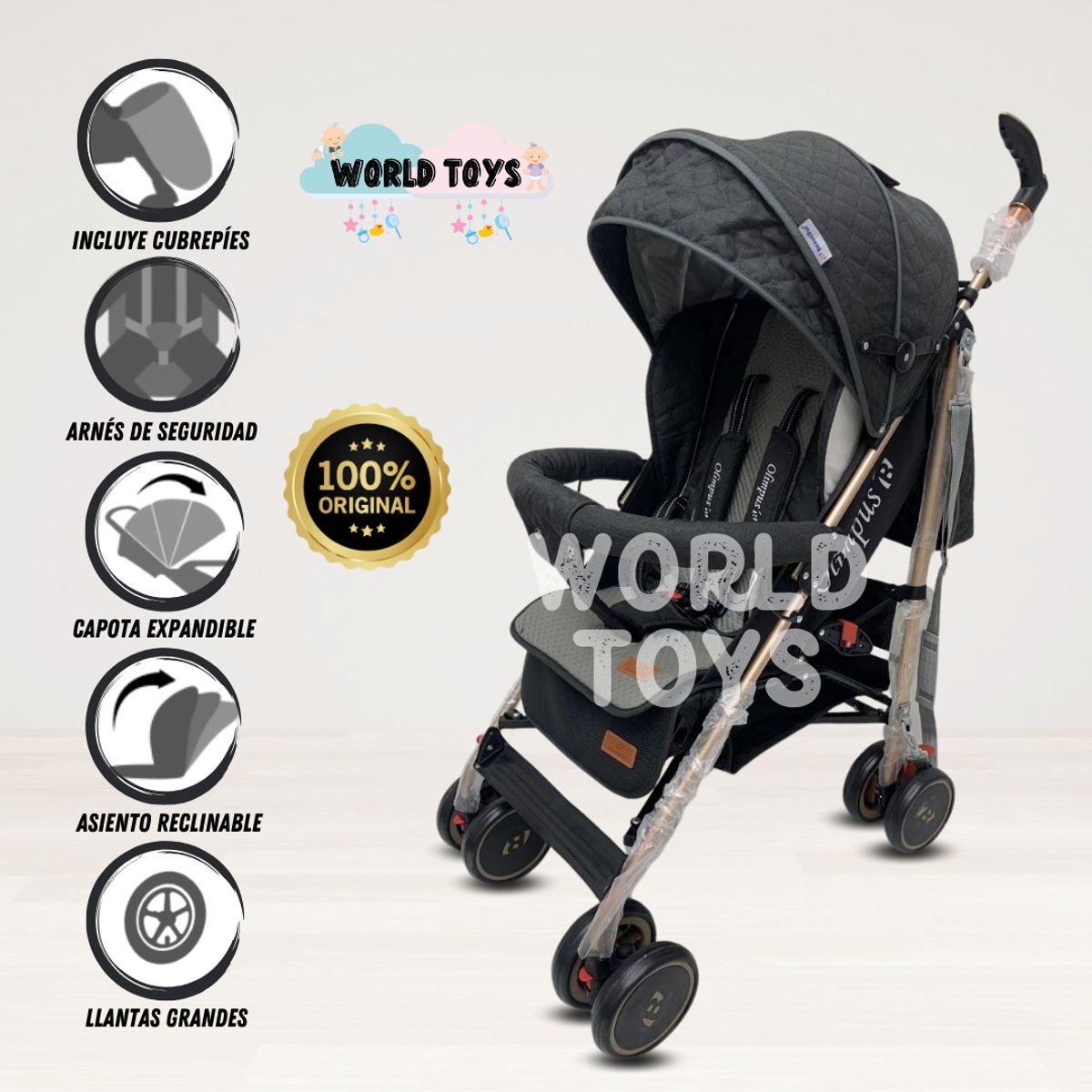 BABY - Coche Bastón de Lujo «OLYMPUS» con Mango Giratorio Black