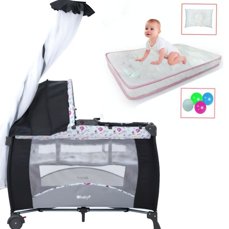 EBABY - Cuna Corral SALLY mecedora ROSADO y Colchon