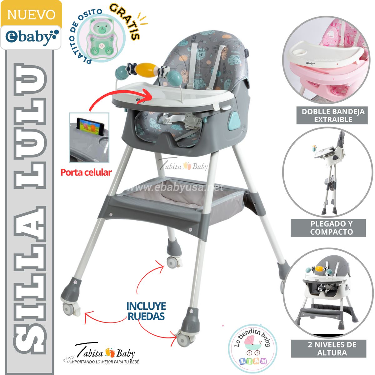 EBABY - SILLA DE COMER PLEGABLE CON RUEDAS LULU GRIS