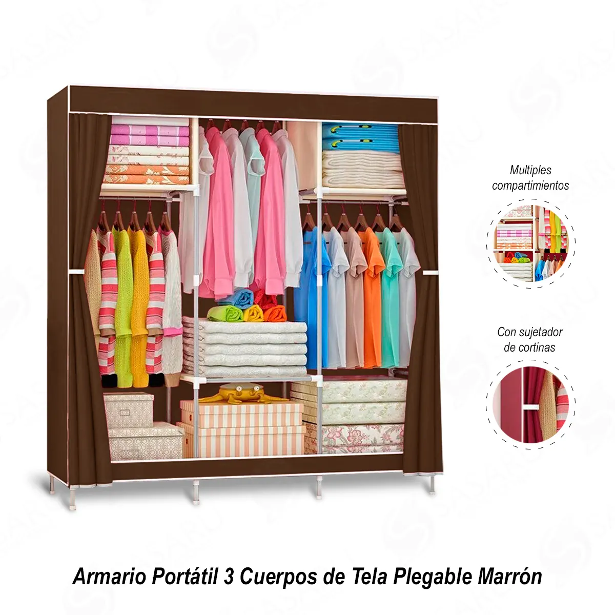 GENERICO - Armario Portátil 3 Cuerpos de Tela Plegable Marrón