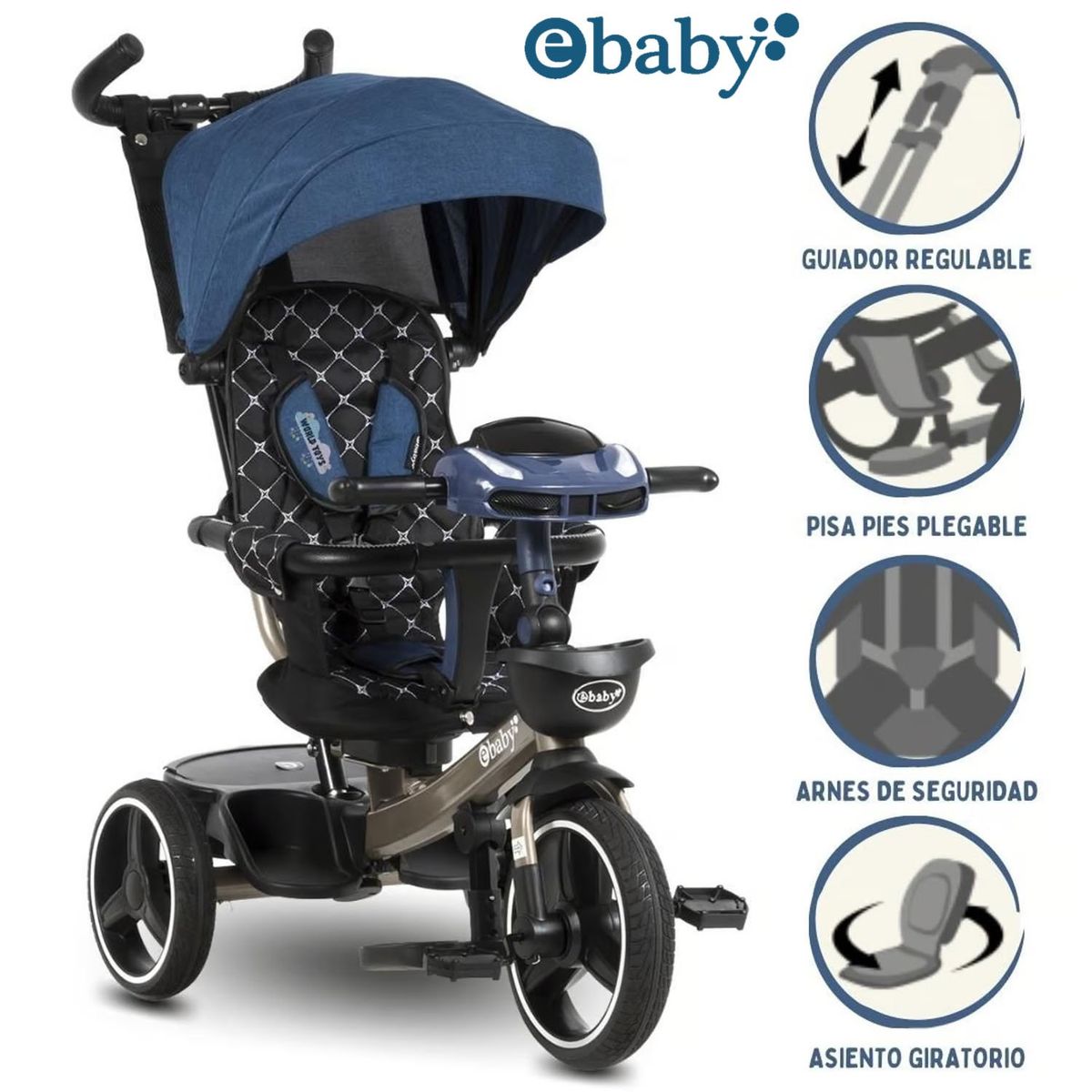 EBABY - TRICICLO GUIADOR »SANTORINI DELUXE» USB BLUE