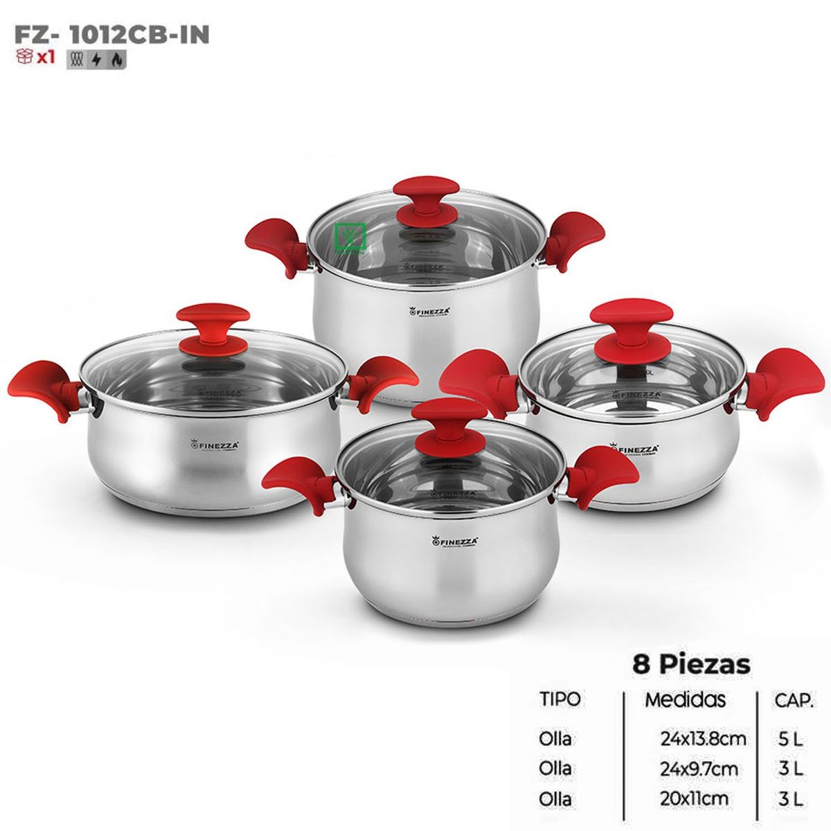 FINEZZA - Juego de Ollas Alessia 8 Piezas Acero Inoxidable FZ-1012CB