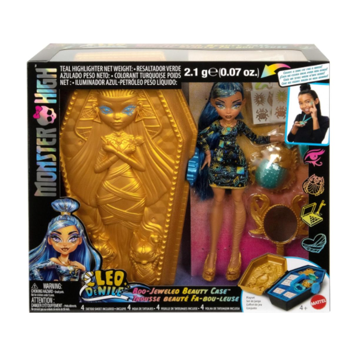 MONSTER HIGH - Muñeca Monster High Cleo De Nile Golden Glam Case Beauty Kit y Accesorios