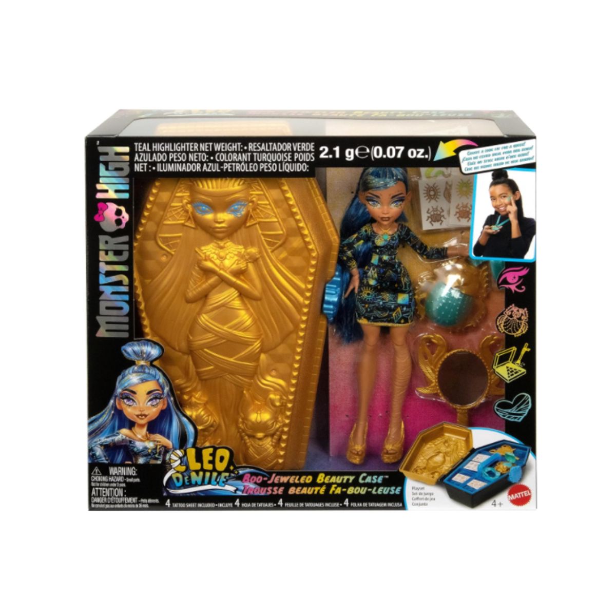 MONSTER HIGH - Muñeca Monster High Cleo De Nile Golden Glam Case Beauty Kit y Accesorios