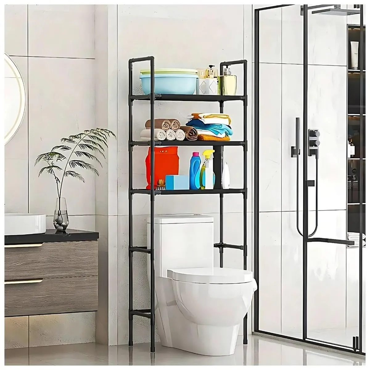 GENERICO - Estante Organizador para Lavadora Baño 3 Niveles 155x47x25cm Negro