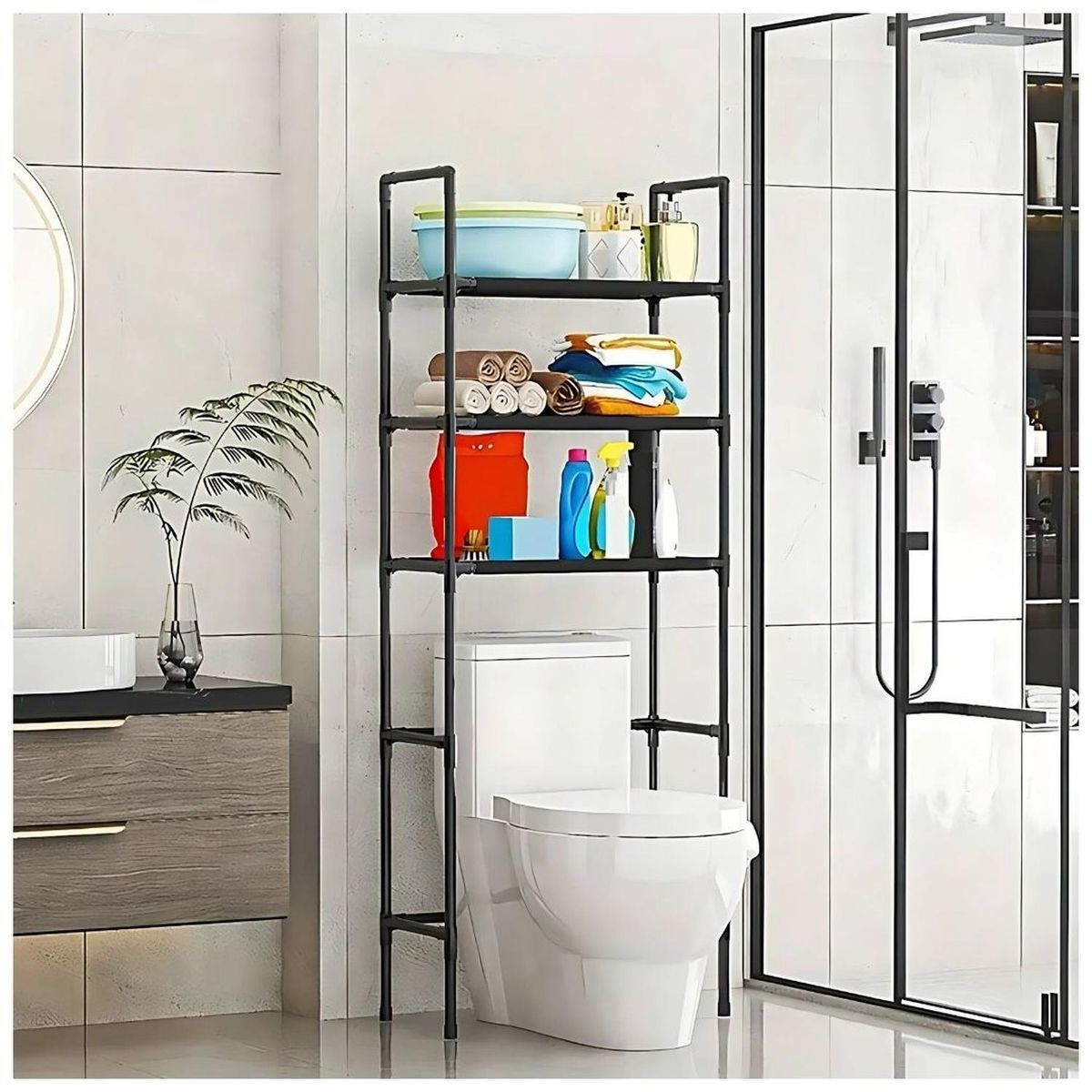 GENERICO - Estante Organizador para Lavadora Baño 3 Niveles 155x47x25cm Negro
