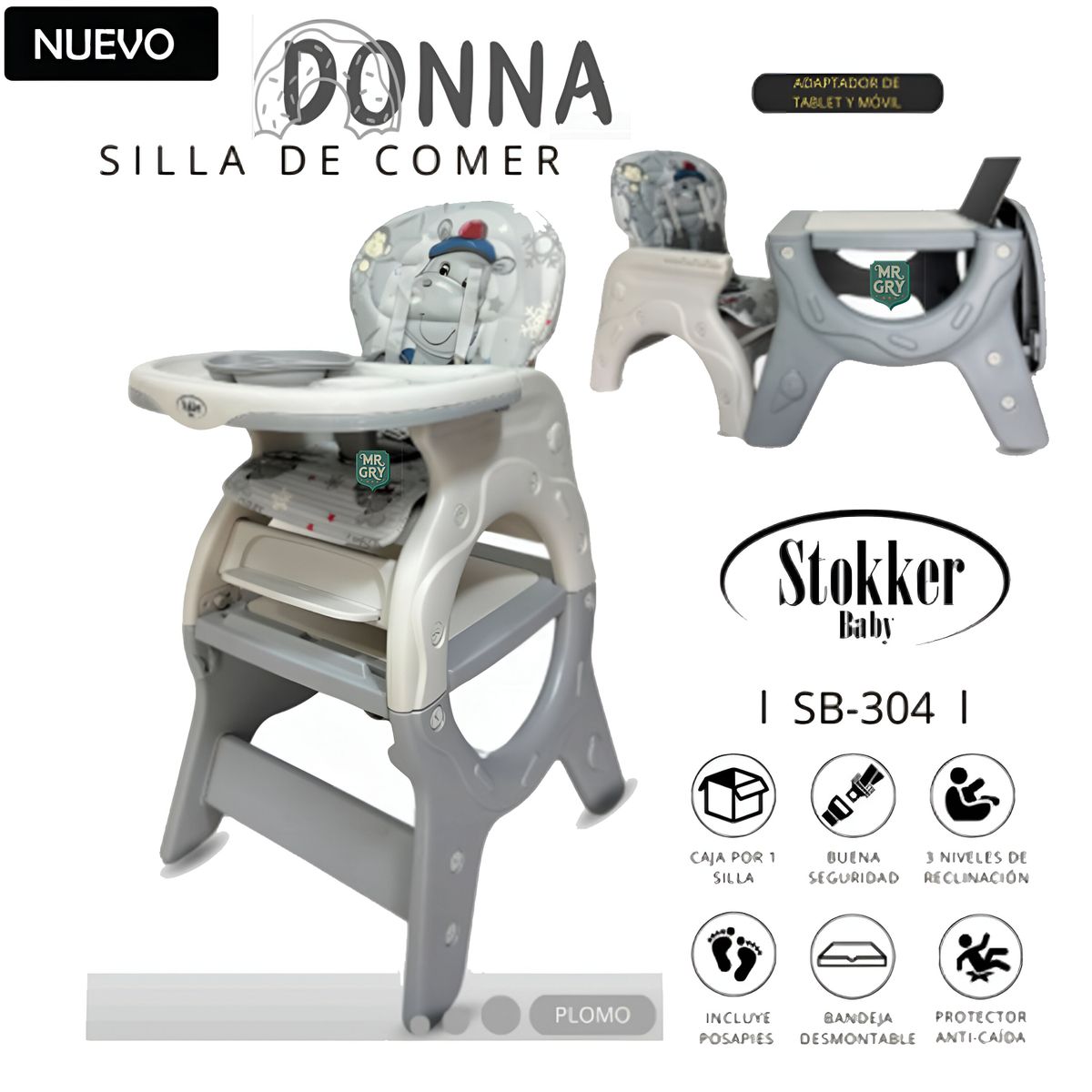 STOKKER BABY - Silla de Comer para Bebe Donna con Plato y Lego Plomo