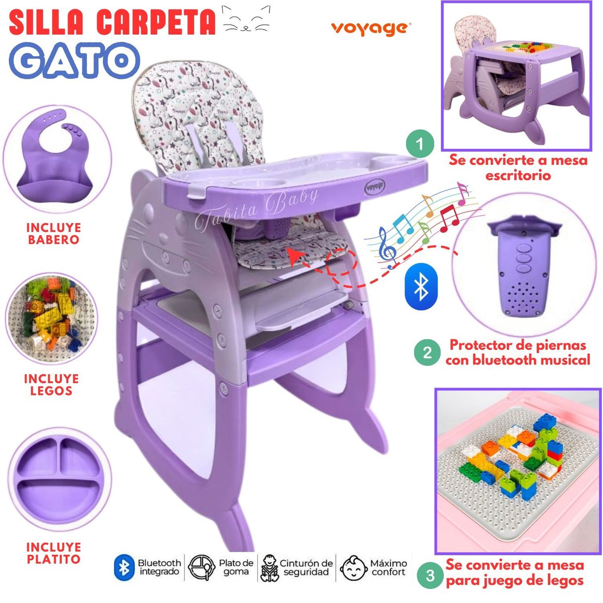 VOYAGE - SILLA DE COMER CARPETA MUSICAL GATO LILA 4 EN 1