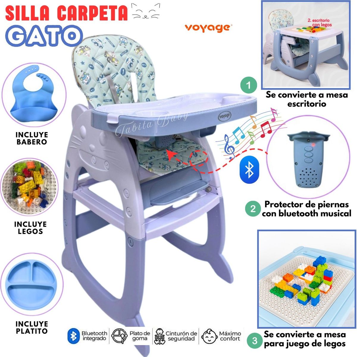 VOYAGE - SILLA DE COMER CARPETA MUSICAL GATO AZUL 4 EN 1