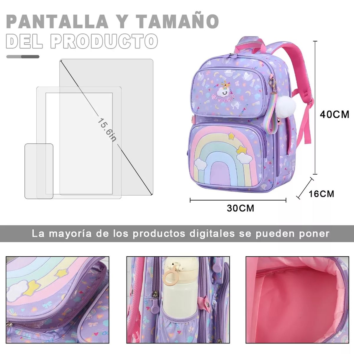 GENERICO - Mochila Escolar Arco Iris Niña Tamaño Oficio Morado Impermeable Kawaii
