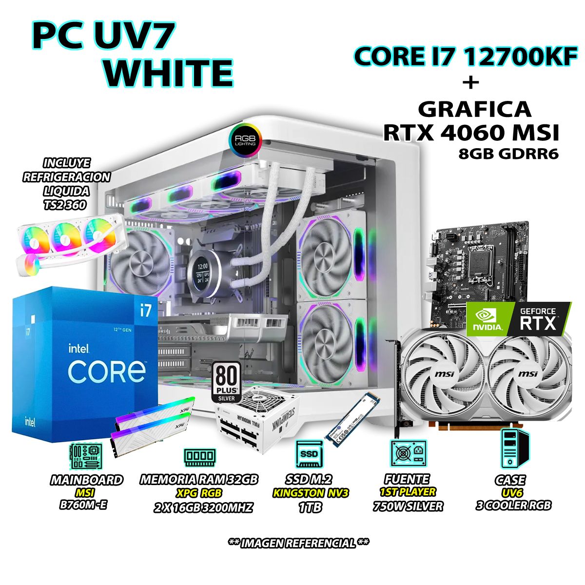 INTEL - Computadora PC Gamer Core i7 12700KF RAM 32GB SSD 1TB GRAFICA RTX 4060 8GB