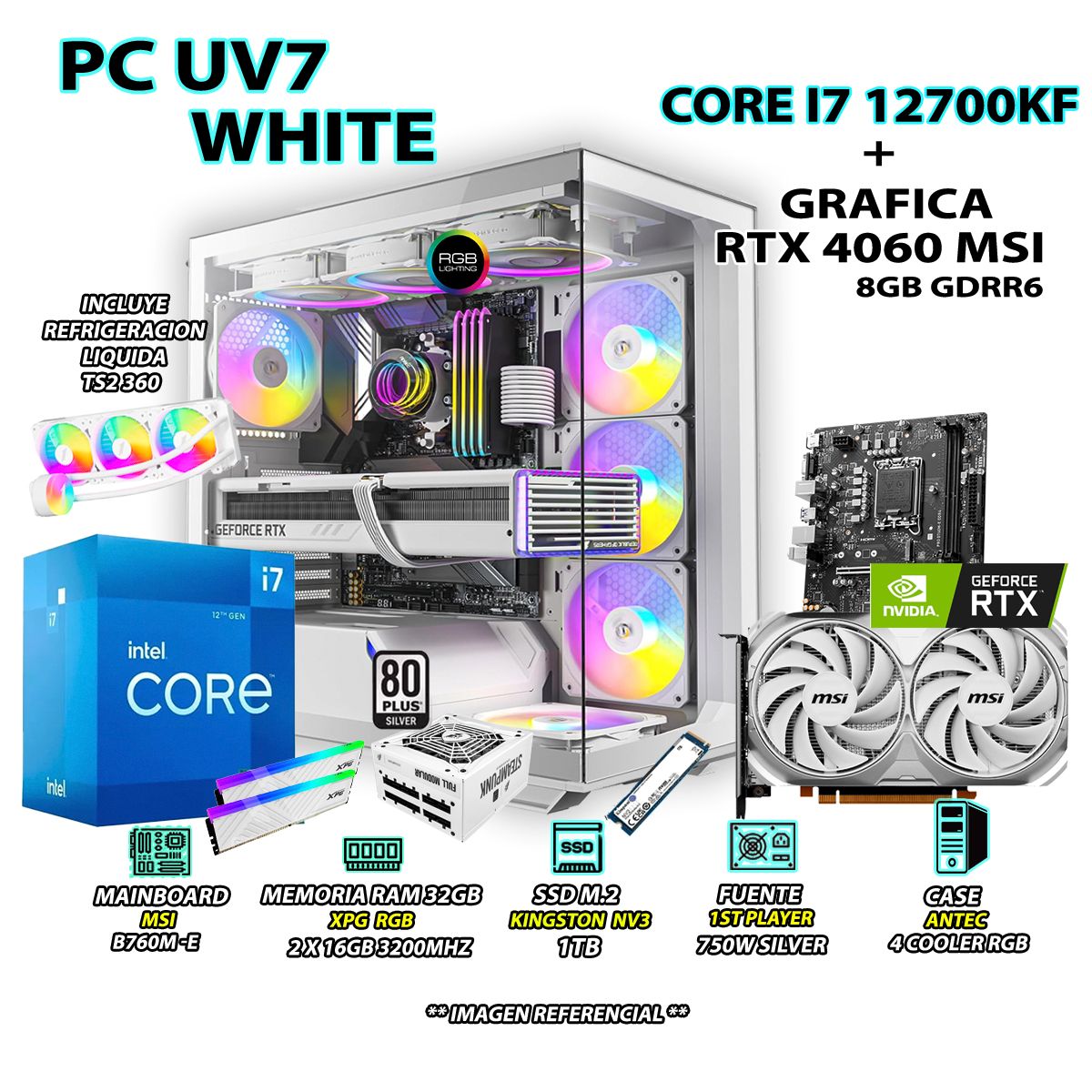 INTEL - Computadora PC Gamer Core i7 12700KF RAM 32GB SSD 1TB GRAFICA RTX 4060 8GB
