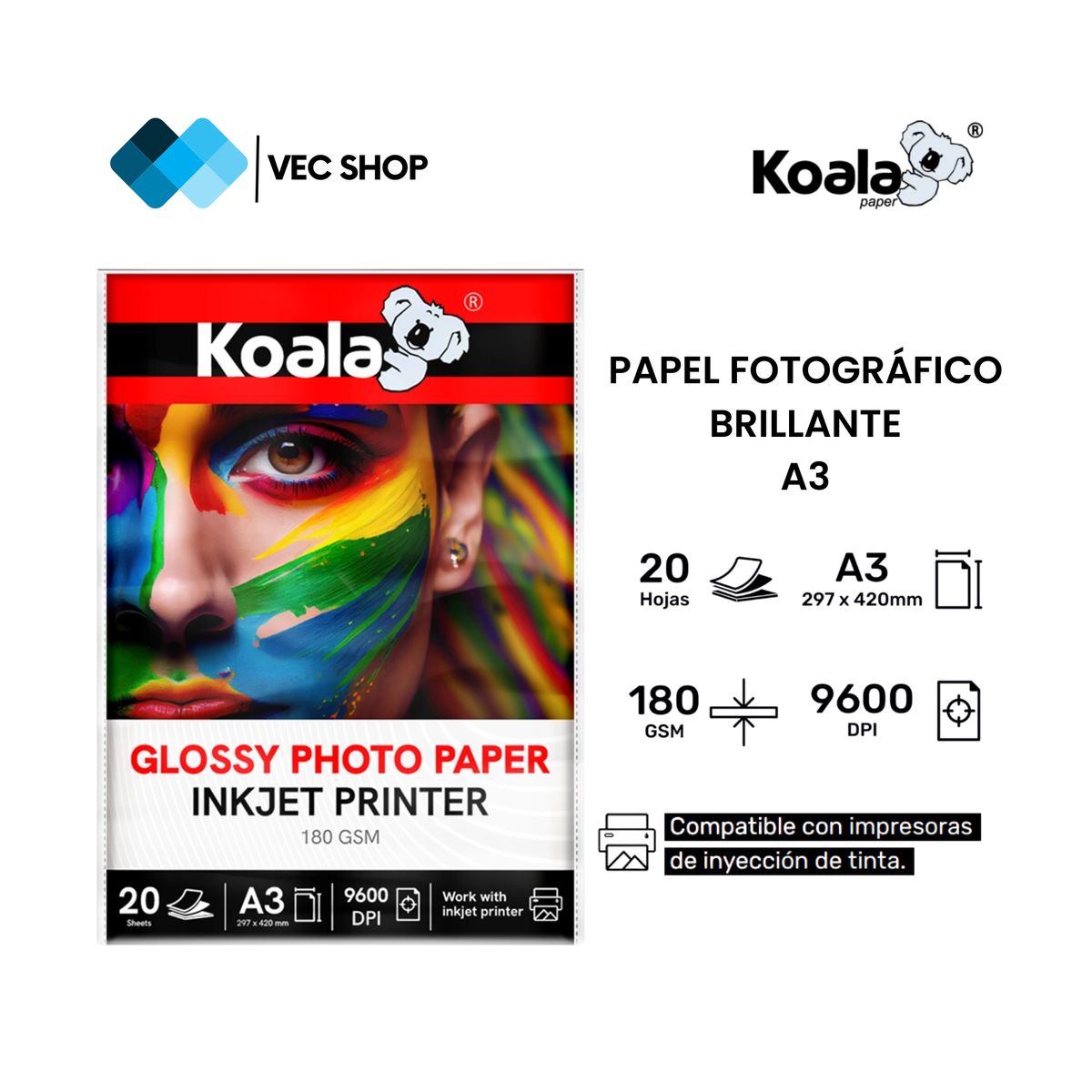 KOALA - Papel Fotográfico Brillante A3 180g 20 hojas