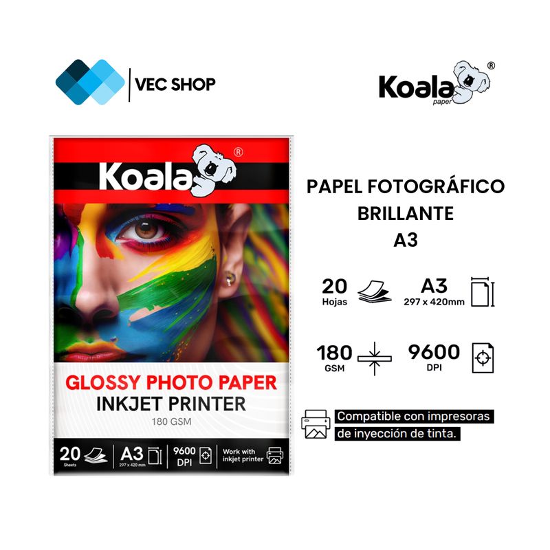 KOALA - Papel Fotográfico Brillante A3 180g 20 hojas