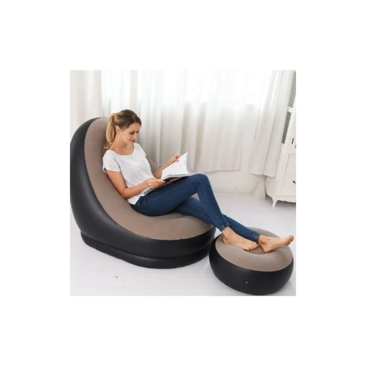 OEM - Sillón Inflable con posa pies Beis con Negro
