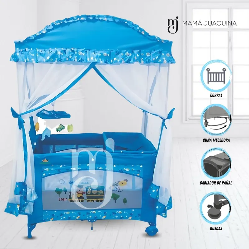 KINGDOM - Cuna Corral Kingdom «MAJESTIC ARABIC» 2 en 1 Light Blue
