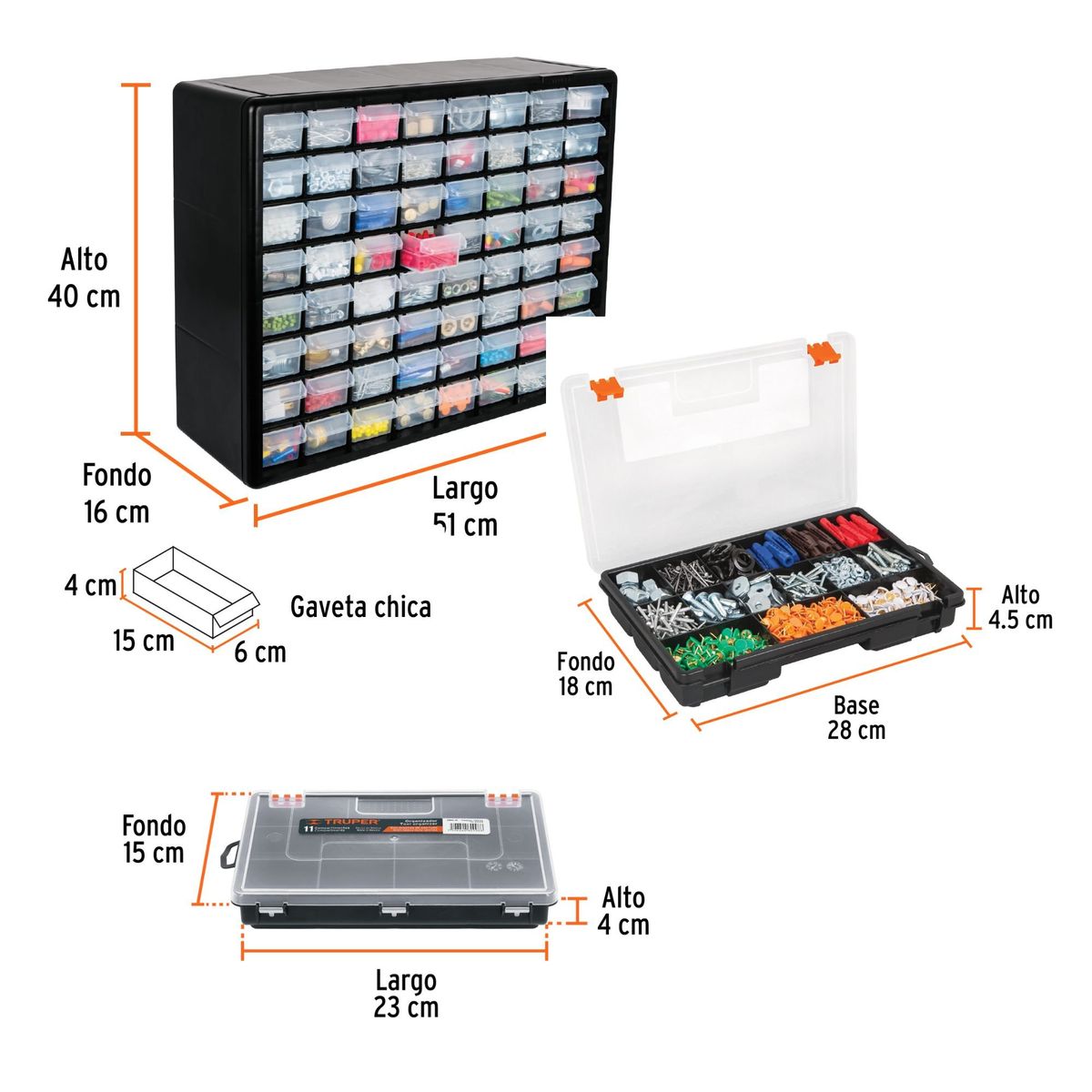 TRUPER - kit Organizador de 64 gavetas + 11 y 15 compartimentos