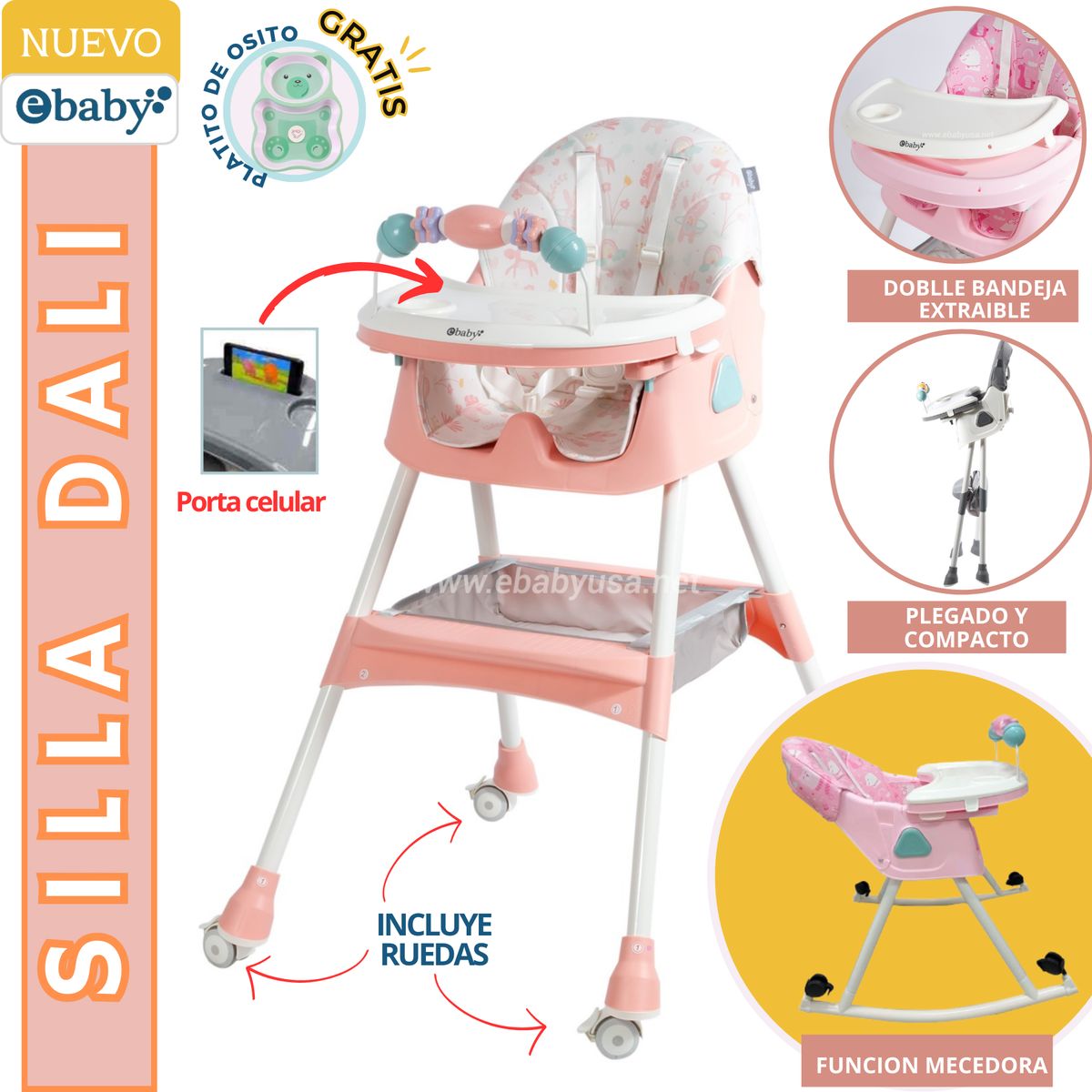 EBABY - Silla de comer con Mecedora y Ruedas DALI Melon