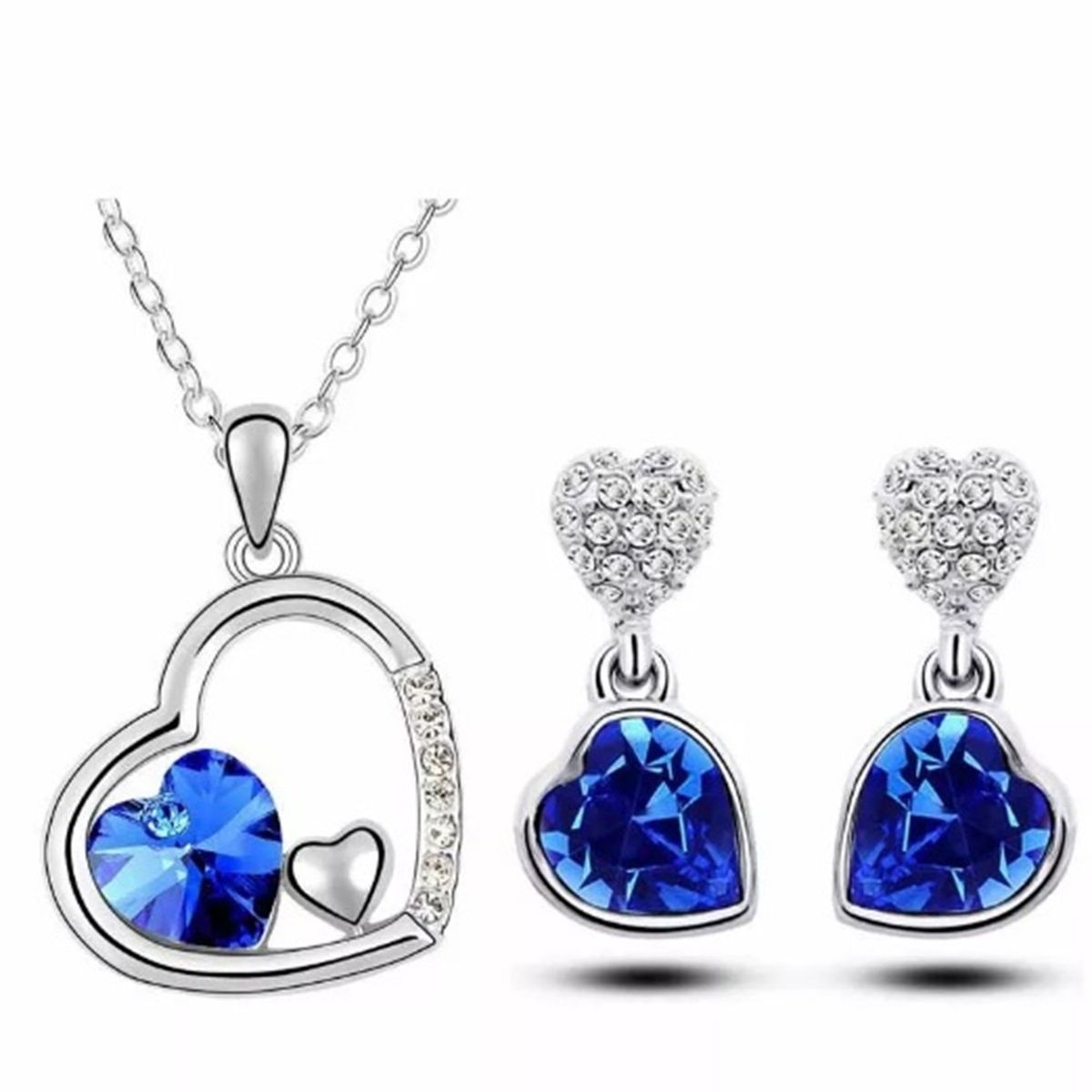 GENIEKA - Set de Joyas Corazón Azul Collar y Aretes Novia San Valentin Genieka