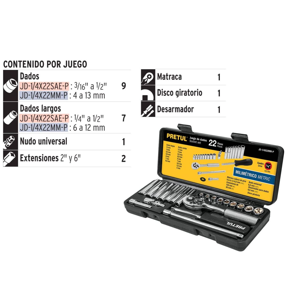 PRETUL - Juego de 22 piezas ratchet y dados herramientas  mecánico