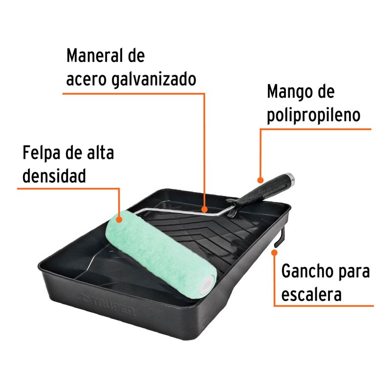 TRUPER - Kit de rodillo para pintar 9 maneral charola y felpa Truper