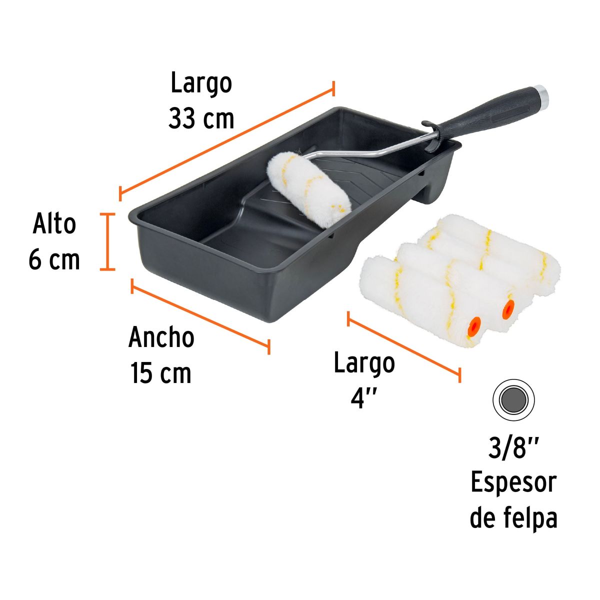TRUPER - Kit de rodillo para pintar, 4" (maneral, charola y 5 felpas), Truper