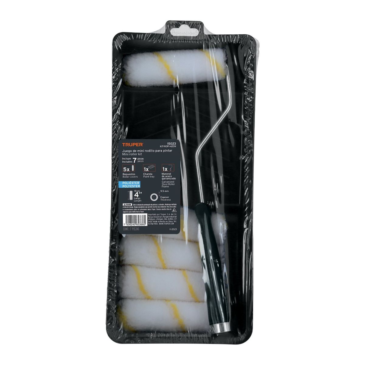 TRUPER - Kit de rodillo para pintar, 4" (maneral, charola y 5 felpas), Truper